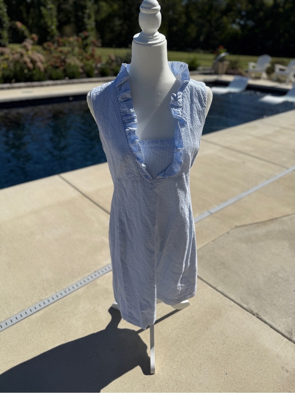 Women’s Blue Seersucker Dress with Ruffle Trim KY Derby